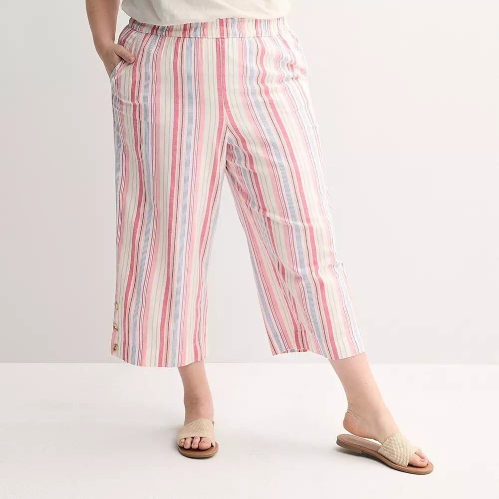Croft & Barrow Crop Pants Plus 3X Pink Striped Wide Leg Straight Mid-Rise Pocket